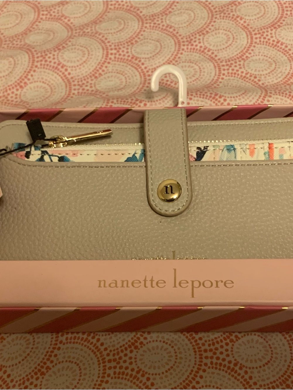 Nanette Lepore Pebbled Leather Wristlet Wallet in Light Gray with Gold Hardware